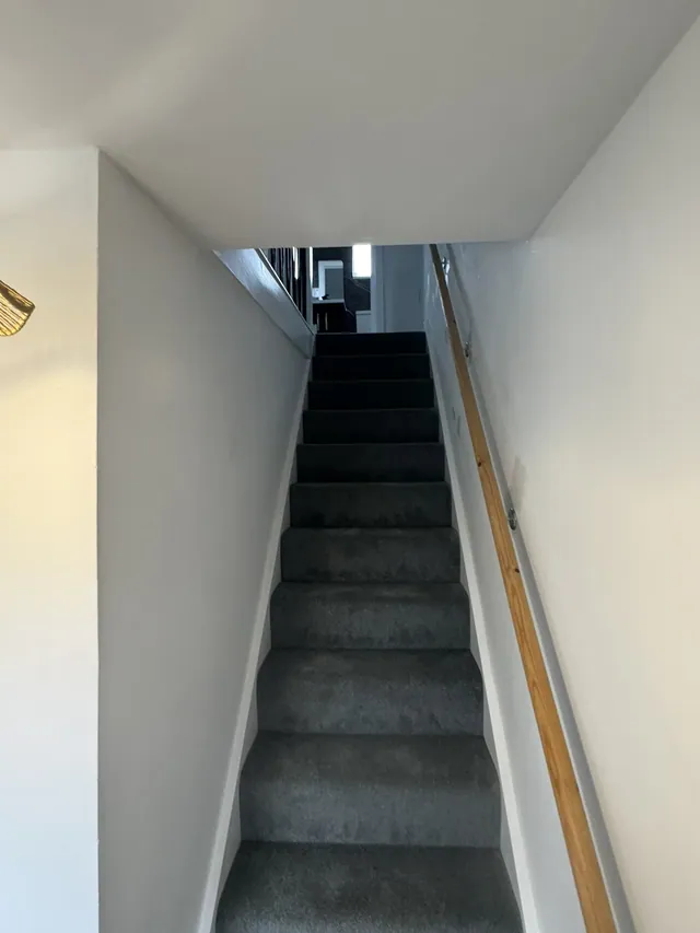 Finished staircase with carpet and a timber handrail
