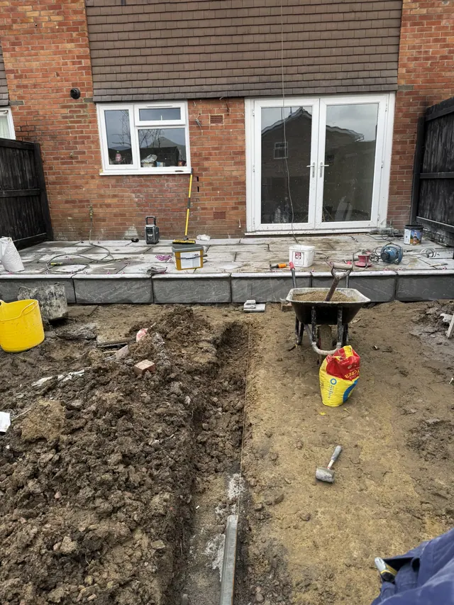 Garden excavations and ground preparation beside the rear patio
