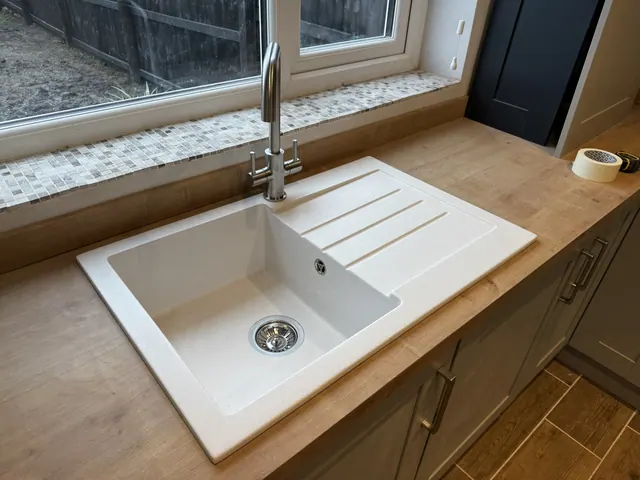 Inset kitchen sink, tap and wood-tone worktop detail